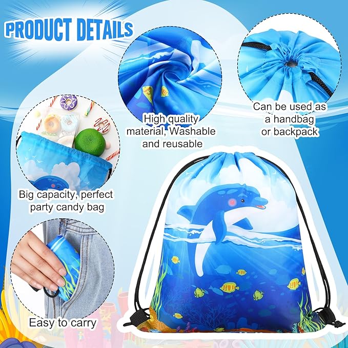 Sanwuta 18 Pcs Under the Sea Party Favor Bags Goodie Ocean Gift Drawstring Bags Beach Sea Animal Candy Treat Drawstring Backpack for Summer Birthday Party Decor Baby Shower Supplies (Classic Style)