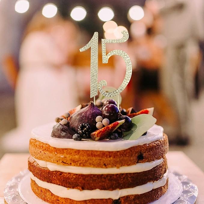 JANOU 15 Cake Topper Number 15 Crystal Rhinestones 15th Cake Decoration for Birthday Anniversary Party Decoratio (Gold)