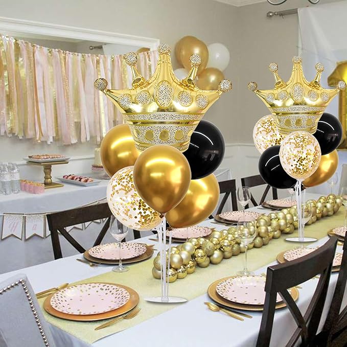 TONIFUL Table Centerpiece Balloons Stand Kit Include Black Gold Latex Confetti Balloons and Foil Crown Balloon for Birthday 2025 Graduation Anniversary Halloween New Year's Eve Party Decoration