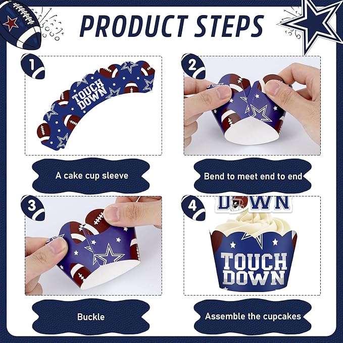 Cowboy Football Birthday Decorations - 48 Pcs American Rugby Sports Paper Party Cupcake Toppers and Liners, Game Day Happy Bday Cake Picks Baking Cups Wrappers Supplies Decor for Boys Men