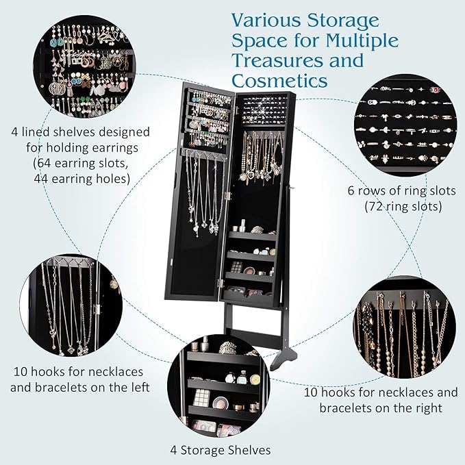 Giantex Jewelry Cabinet with Full-Length Mirror, Standing Jewelry Armoire Organizer with 64 Earring Slots, 72 Ring Slots, 20 Necklace Hooks, 4 Storage Shelves, 3 Angle Adjustable (Black)