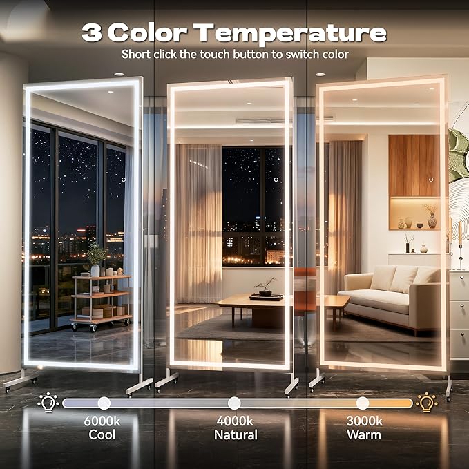Hasipu 75" x 32" Full Length Mirror on Wheels with LED Light — Dimmable Warm/Natural/Cool, Shatterproof Tempered Glass, Wall Mountable, Rolling Dressing Mirror for Home Gym, Makeup, Yoga, Studio