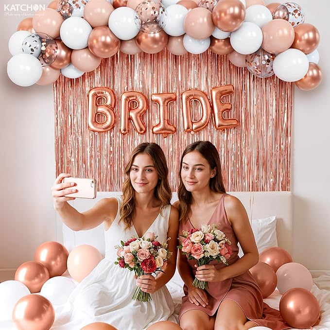 KatchOn Rose Gold Party Decorations Set – Pack of 52 | Rose Gold Fringe Backdrop with Latex Balloons Confetti Balloons for Birthday, Wedding, Anniversary, Bridal Shower, Bachelorette Party Decorations