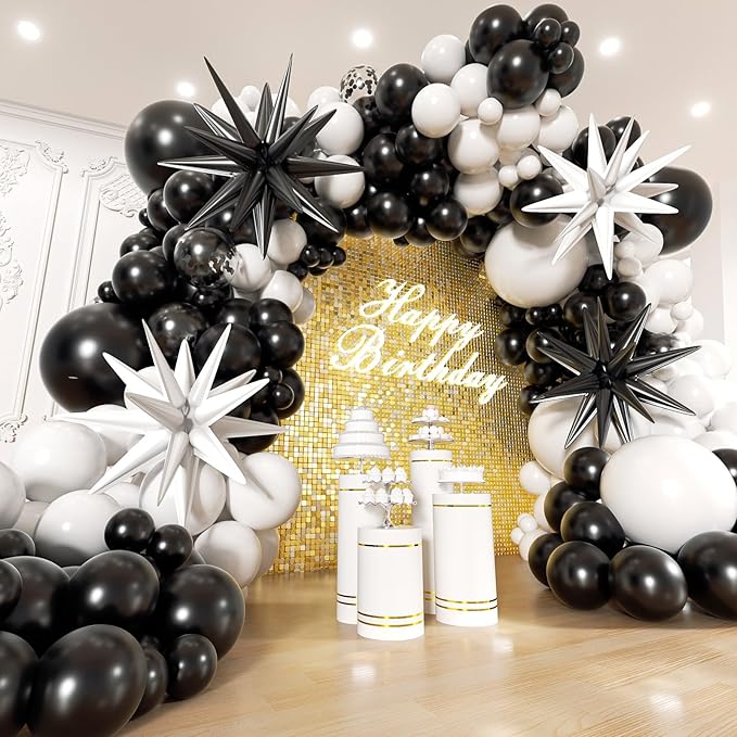 Black and White Balloons Garland Arch Kit with Stars 200Pcs - 5 10 12 18 22 inch Balloon and Confetti Latex Balloons for 2025 Graduation Birthday Anniversary New Year Theme Party Decorations
