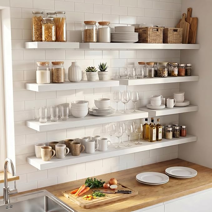 Venusmiles Floating Shelves for Wall, 48 Inch Floating Shelves Set of 2, 6.5" D Wooden Wall Mounted Display Shelves with Invisible Brackets for Living Room, Bedroom, Bathroom, Kitchen Decor, White