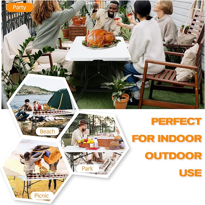 HCY 6 ft Folding Portable Table - White, Modern Design - Picnic, BBQ, Dining, Camping, Wedding - 500 lbs Capacity - Easy to Clean, Indoor/Outdoor Use
