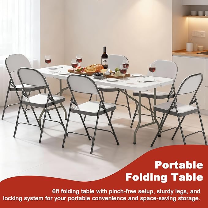 Elevon 6FT Folding Tables – Heavy Duty Portable Foldable Table with Built-in Handle, 300 lb Capacity – Ideal for Events, Parties, Crafts, Camping & Dining (20-Pack)