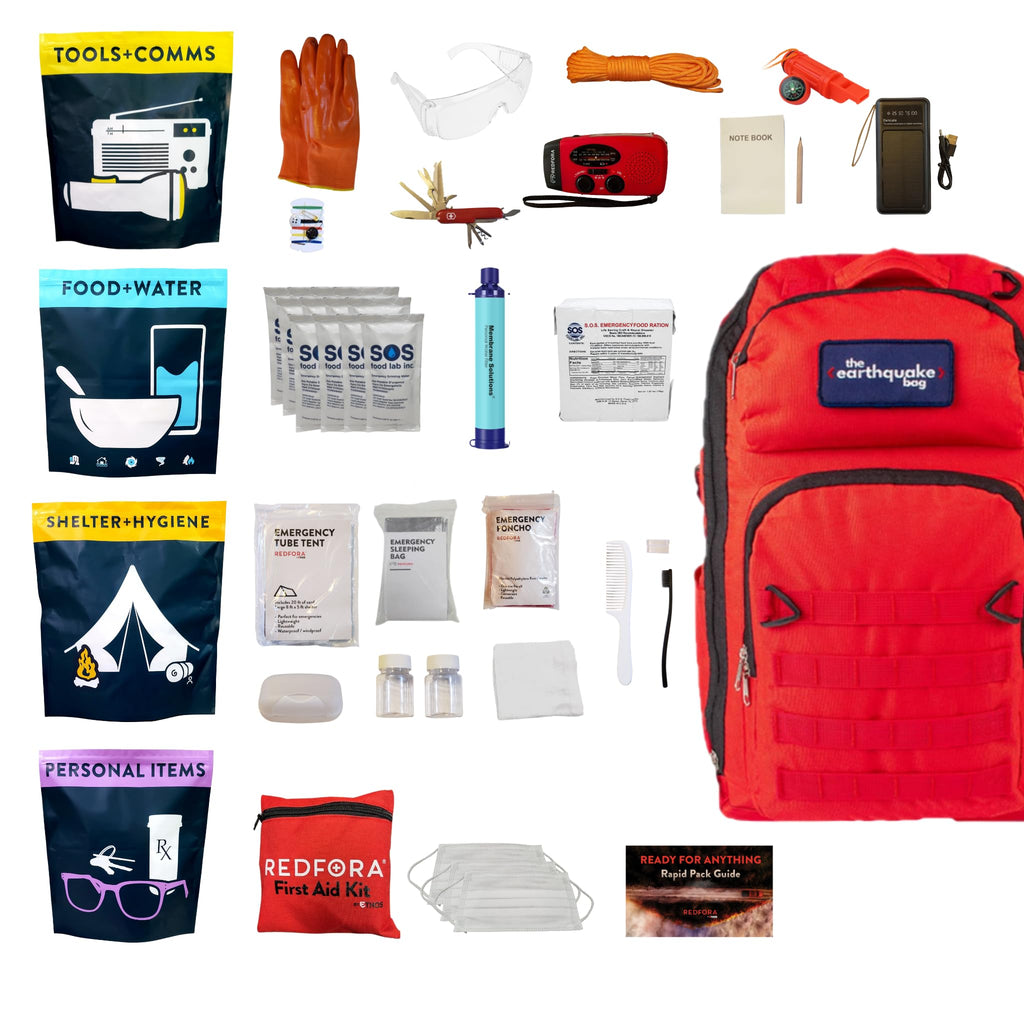 Complete Earthquake Bag - Emergency Kit for Earthquakes, Hurricanes, Wildfires and Other Disasters - Built for 2 Person for a 3 Day Period