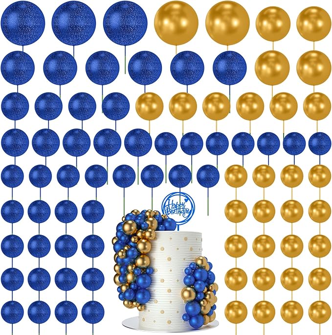 NACHLYNN 80 Pcs Cake Balls Decorations Mini Balloon Cake Topper Balls Foam Cupcake Toppers Balls for Cake Decorating Birthday Parties Weddings Anniversary (Glitter Royal Blue Gold)