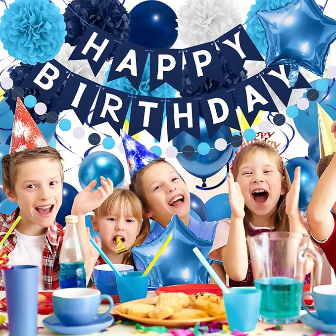Navy Blue Birthday Decorations, Happy Birthday Banner with Paper Pompoms, Hanging Swirls, Garland, Party Balloons Happy Birthday Party Decorations for Women Men Boys Girls