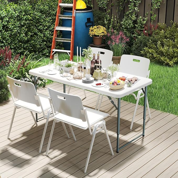 4 Foot Folding Table Adjustable Height 22-30 Inch, Heavy Duty Fold in Half Plastic Table with Steel Legs, Portable Indoor Outdoor Table for Picnic, Camping, Dining, Party