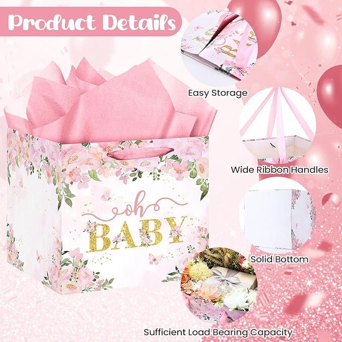 Extra Large Baby Gift Bag, Pink Floral Square Gift Bags Baby Shower Wrapping Paper Bag with Tissue Paper Oh Baby Jumbo Gift Bags for Sweet Baby Girl New Parents Gender Reveal Party Favors