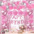 ZERODECO Pink Birthday Party Decorations, Happy Birthday Banner Pompoms Balloons Pink Fringe Curtain Party Décor for Baby Girls Women Party