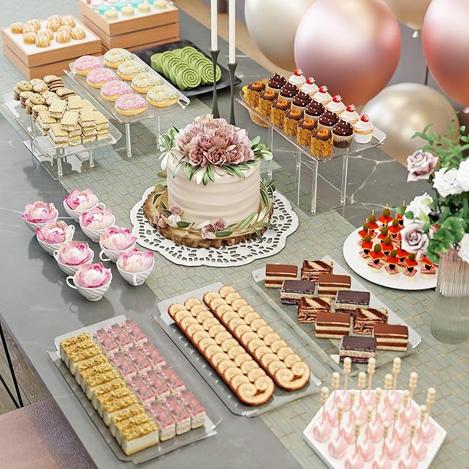 HeiMma 6 Pack Dessert Table Display Set, Clear Acrylic Dessert Display Stands with 3 Pack Dessert Tray Platters Buffet Risers for Pastry Food Fruit Candy Treat for Wedding Birthday Party