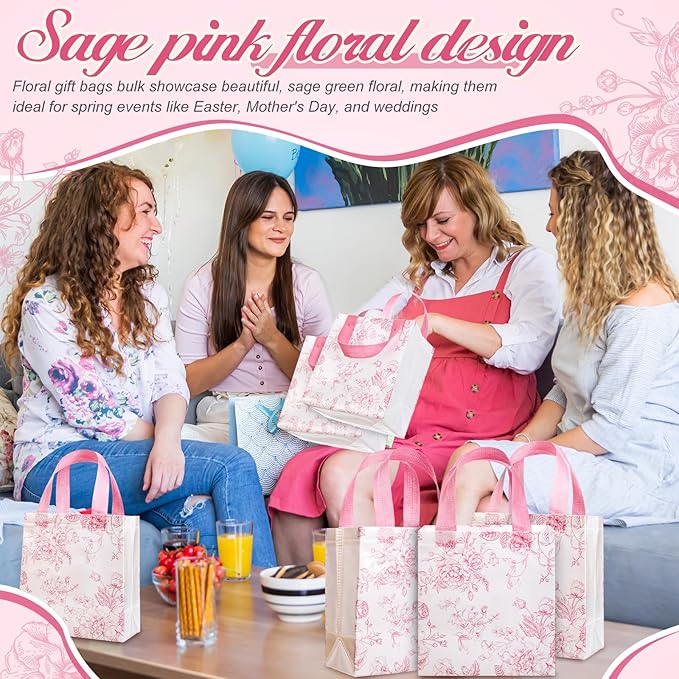 Sweetude 16 Pcs Pink Floral Gift Bags with Handles, Reusable Non-woven Tote Bags, Pastel Spring Flower Party Favors for Graduation, Wedding, Baby Shower, Bridal Shower, Birthday