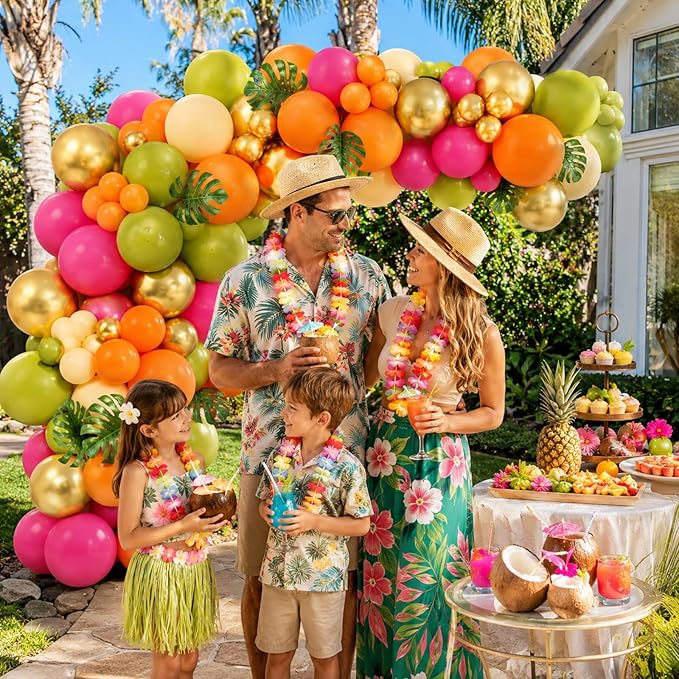 Tropical Hawaiian Balloons Arch Garland Kit, Olive Green Hot Pink Orange Yellow Metallic Gold Balloons for Kids Hawaii Summer Beach Luau Aloha Pool Birthday Flamingo Theme Baby Shower Party Decoration