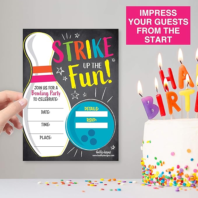 Hadley Designs Kids Birthday Invitations For Boys and Girls Bowling Theme - 25 Neon Birthday Party Invitations For Boys, Bowling Invites For Girls, Cute Party Supplies, Made In USA