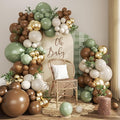 Sage Green Brown Balloon Arch Kit, 124Pcs Brown Green Sand White Gold Balloons for Safari Woodland Dinosaur Jungle Theme Baby Shower Wedding Birthday Party Decorations