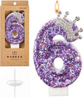 Birthday Number Candles,Purple Crown Birthday Candles for Cake,Glitter Number 6 Candle Cake Topper with Sequins for Anniversary Celebrations Supplies
