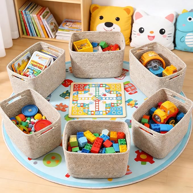 6 Pack Woven Rope Baskets,12.6"×9"×7.8" Storage Bins for Toys/Books/Towels/Clothes Organizer & Shelf Boxes,Gifts Baskets Empty for Nursery/Living Room/Nursery/Bedroom/Home Decor,Brown