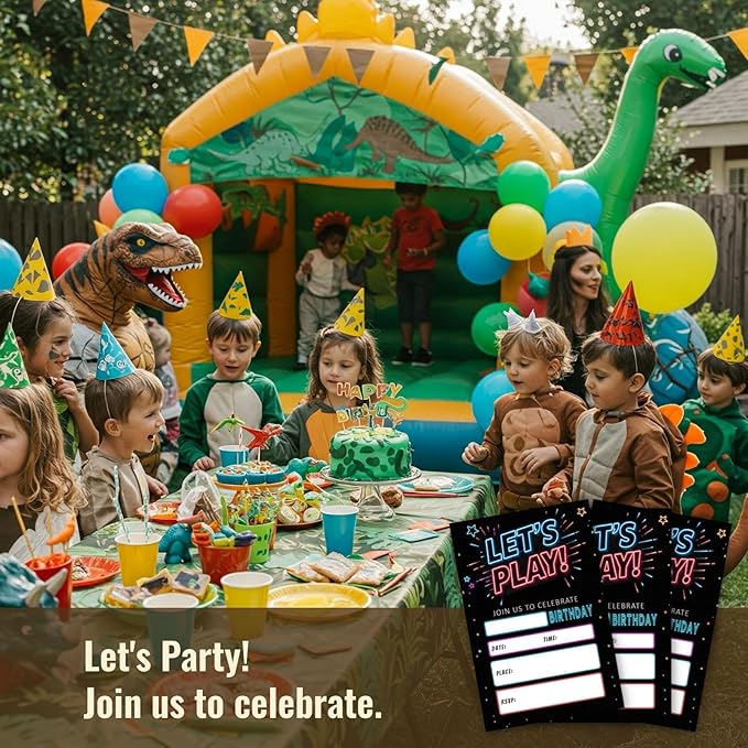 Birthday Party Invitations Let's Play Card Neon Starlight Kit, 25 Pcs 4x6 Inch, Modern Flashing Dark Black Invites for Boy Girl Kids Teens