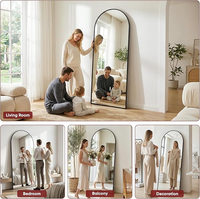 Antok Full Length Floor Mirror Arched Standing Mirror with Aluminum Frame - Freestanding Wall Mount Leaning Body Mirror for Bedroom Living Room Entryway, 76" L x 34" W, Black