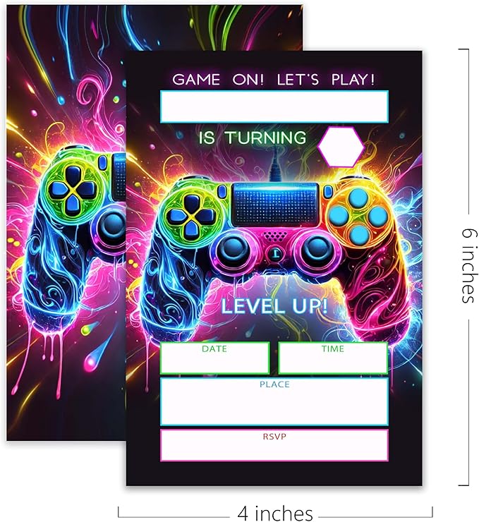 Gaming Themed Birthday Invitations – 20 Invitation Cards 4"x6" with Envelopes.(010)