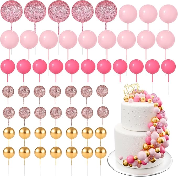 60Pcs Glitter Cake Balls Decorations Foam Cake Topper Balls Mini Balloon Cupcake Toppers for Cake Decorating Birthday Baby Shower Party (Glitter Pink Series)