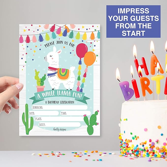 Hadley Designs Kids Birthday Invitations For Boys and Girls Mexican Theme - 25 Llama Birthday Party Invitations For Boys, Fiesta Invites For Girls, Cute Alpaca Cactus Party Supplies, Made In USA