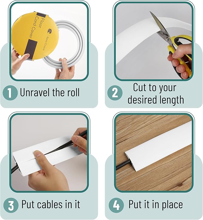 Bates- Floor Cord Cover, 6ft, Cable Cavity 0.6" (W) x 0.31" (H), Heavy Duty Wire Protector, PVC Extension Cords Hider, Protect Cords, Prevent Cable Trips, Cord Hider for Office, Home, Outdoor