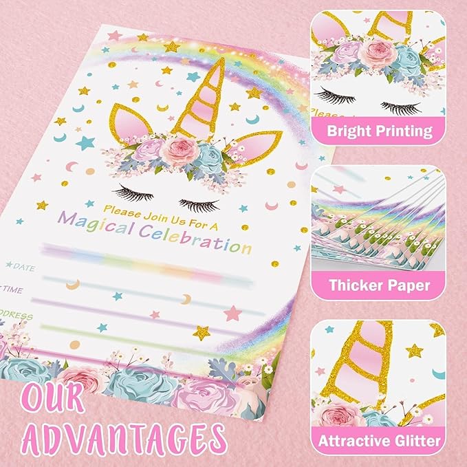 20 Sets Unicorn Party Invitations - Unicorn Party Suppies for Girls Birthday Invitation Cards with Envelopes Fill-in Blank Invite for Kids Summer Baby Shower Decoration