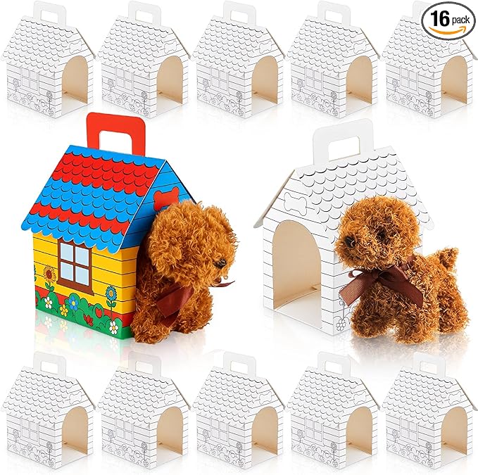 ShinyRelief 16 Pcs Dog Party Favors Boxes Dog House Shaped Treat Gift Boxes with Holes Foldable with Handle for Adopt a Puppy Party Favors Kid DIY Crafting Birthday (Pre-drawn Style)