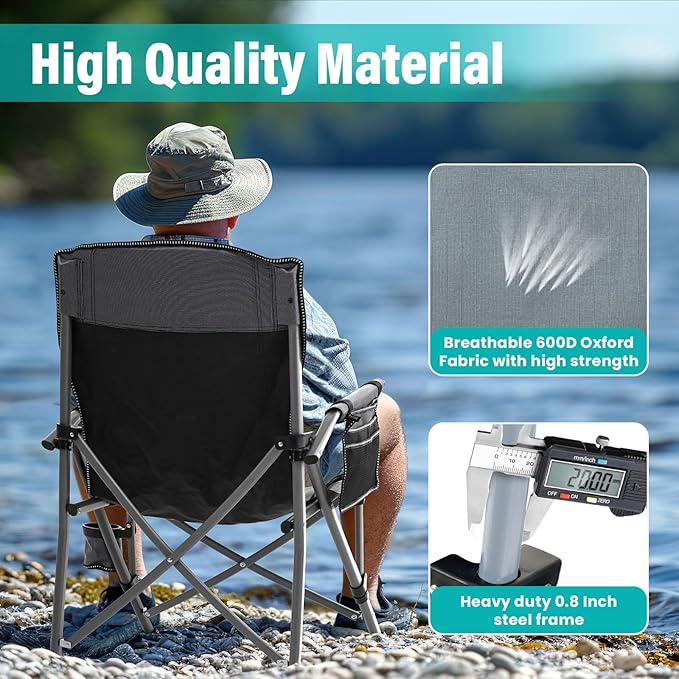Folding Camping Chair Heavy Duty Portable Outdoor Chairs Supports 330lbs Collapsible Foldable Chair for Outside with Cup Holder&Carry Bag, Folding Lawn Chair for Camp Beach Fishing Sports(Gray)