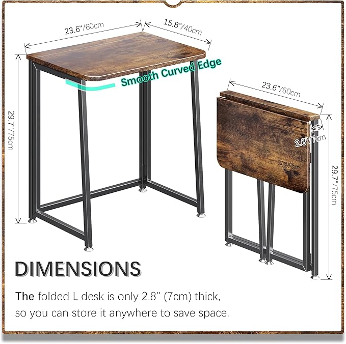 4NM 23.6" Mobile Small Folding Desk, Foldable Rolling Computer Home Office Desk, Study Writing Table for Small Space Saving Bedroom, with Wheels - Rustic Brown and Black