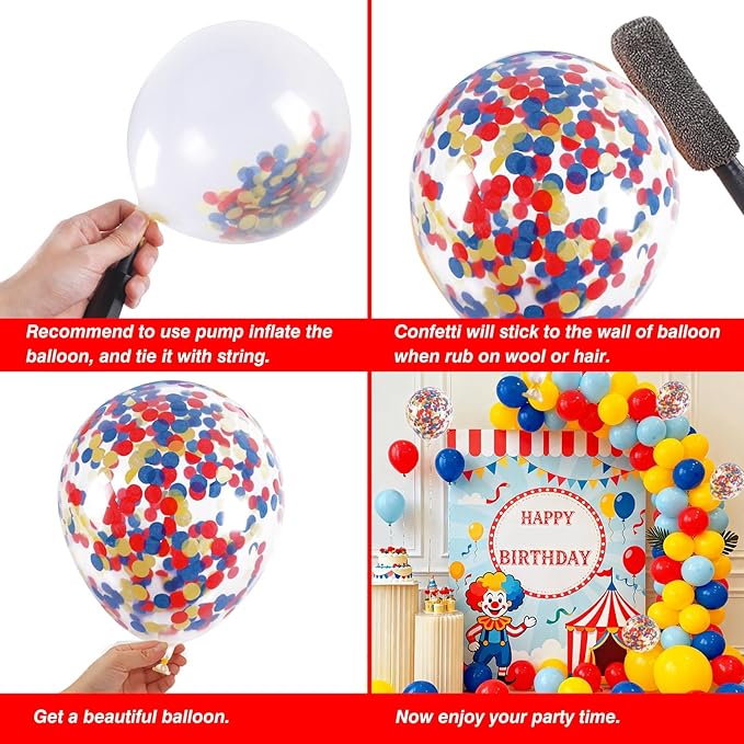 RUBFAC Carnival Circus Theme Party Decorations, Primary Color Balloon Arch Kit, 120pcs Red Blue Yellow Party Balloons Rainbow Confetti and Star Foil Balloons for Birthday Carnival Theme Decorations