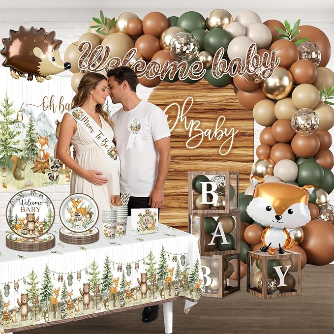 Woodland Baby Shower Decorations, 265 PCS Woodland Animals Baby Shower Party Supplies with Balloon Garland, Backdrop, Tableware, Balloon Boxes & Mom to Be Sash, Gender Neutral Forest Theme