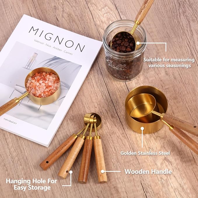 Gold Measuring Cups and Spoons Set with Fragrant Wood Handles, Premium Stainless Steel Measuring Spoons and Measuring Cups Set, For Cooking and Baking in the Kitchen (8 Piece)