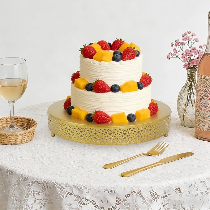 1 Pcs Gold Cake Standwith Cake Forks Knife and Server 16 Inch Round Cookies Serving Tray Wedding Cupcake Display Holder Large Metal Cupcake Dessert Stand for Baby Shower Birthday Party