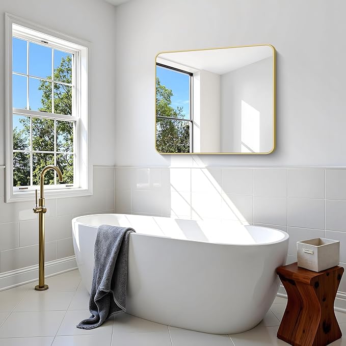 Gold Bathroom Mirror,30x36 inch Wall Mirror for Bathroom Wall Mounted,Round Rectangle Mirror for Bathroom Over Sink,Modern Frame for Home Decor Living Room,Bedroom Entryway,Horizontal/Vertical