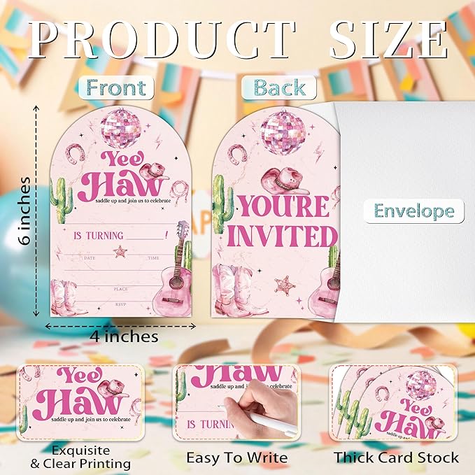 Retro Disco Birthday Party Invitations, Pink Cowboy Theme Birthday Invitation for Girls, 20 Pink Dance Disco Invitations Cards with Envelopes, Party Decorations Supplies (arch)