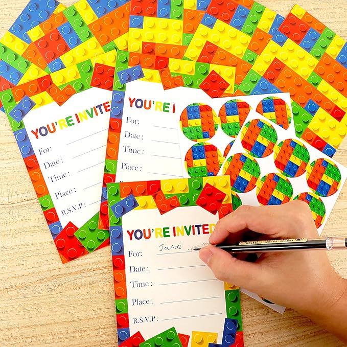 Wiooffen Children Boys Birthday Party Invitations Building Blocks Party Supplies, Stacking Block Bricks Invitation Cards Set with Sticker Labels Envelopes Birthday Decorations for 24 Guests