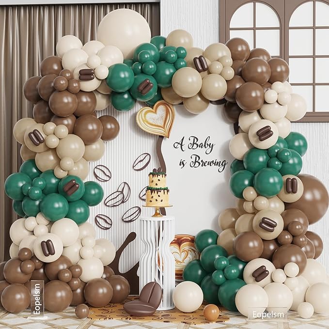 A Baby is Brewing Balloon Garland Kit 187Pcs Dark Green Coffee Sand White Balloons, Boho Coffee Themed for Baby Shower Gender Reveal Bridal Shower Birthday Party Decorations