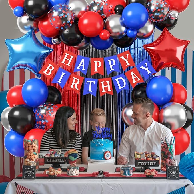 Birthday Decorations for Boys, Red Blue Black Metallic Silver Confetti Latex Foil Balloon Spider Web Party Decoration Happy Birthday Banner Fringe Curtain for Kid Baby Shower Hero Theme Party Supplies