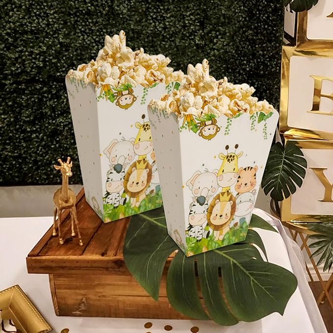 BACH AND BOUJEE 12Pcs Safari Animal Popcorn Boxes Jungle Safari Goodie Candy Boxes Jungle Wild One Birthday Party Favors Gift Bags Safari Baby Shower Decorations Zoo Animal Party Supplies