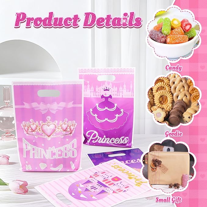 Nuesaurd 100Pcs Princess Party Favor Bags, Plastic Princess Goodie Gift Bags,4 Styles Pink 9.8"x6.7" Castle Candy Treat Bags for Kids Birthday Party Baby Shower Wedding Decorations