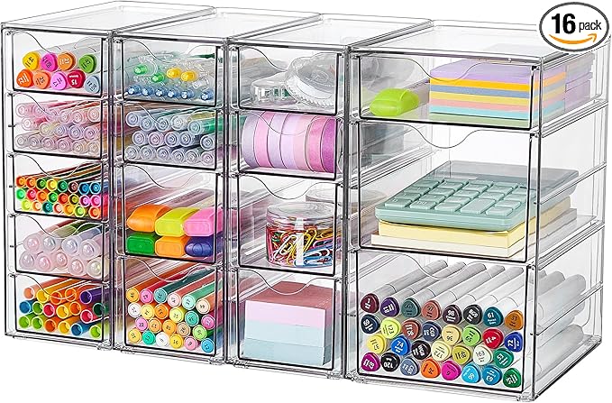 Vtopmart 4 Set Clear Desk Organizer, Pen Organizer with 16 Drawers, Acrylic Desktop Organization and Storage for Office Supplies, Pen, Makeup, Art Craft, Jewelry