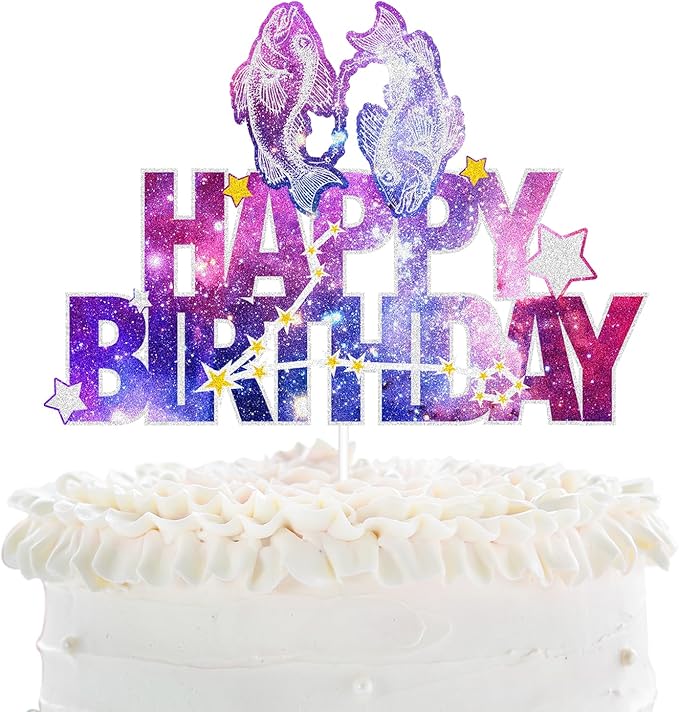 Constellation Pisces Happy Birthday Cake Topper - Galaxy Star Pisces Themed Birthday Party Cake Topper - Constellation Pisces Cake Decoration For Boys Girls