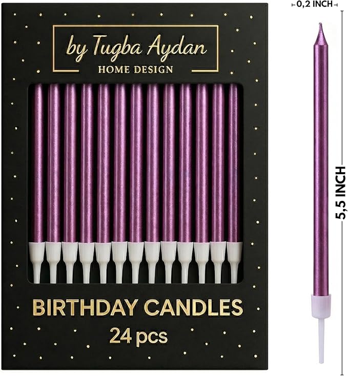 by Tugba Aydan Purple Birthday Candles, 24 Pack, Long Thin Metallic Cake Candles with Holders, Elegant Purple Candles for Cakes, Cupcakes & Parties