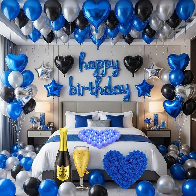 Realspring 120 Pcs Happy Birthday Decorations Set Balloons Letters Banner with Candle LED Light Champagne Bottle Wine Glass Rose Petals for Birthday Party Room Decor (Blue)