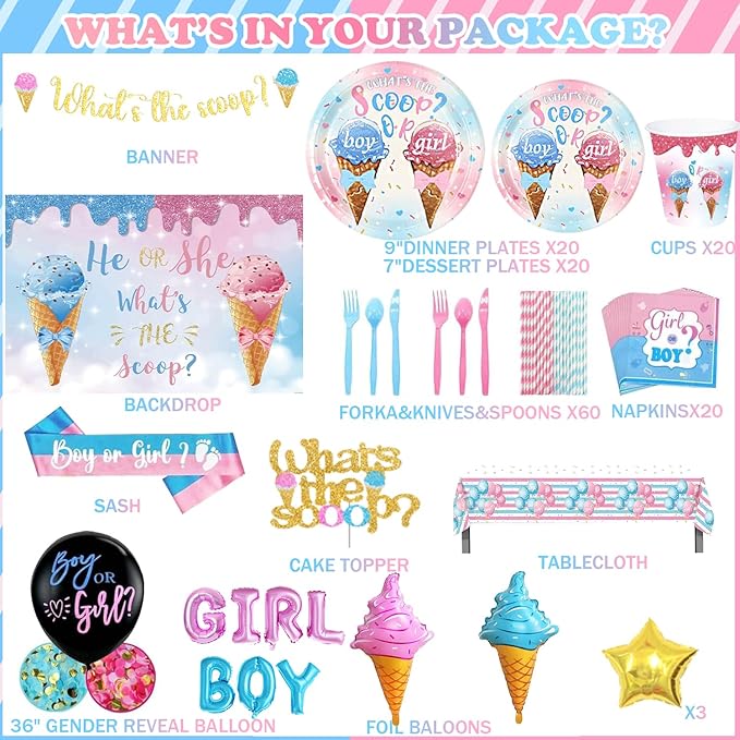 Whats The Scoop Gender Reveal Decorations, Ice Cream Boy or Girl Party Supplies, Pink and Blue Backdrop Banner Balloon Tablecloth Plate Napkin Cup Straw Knife Spoon Fork Sash 230 PCs